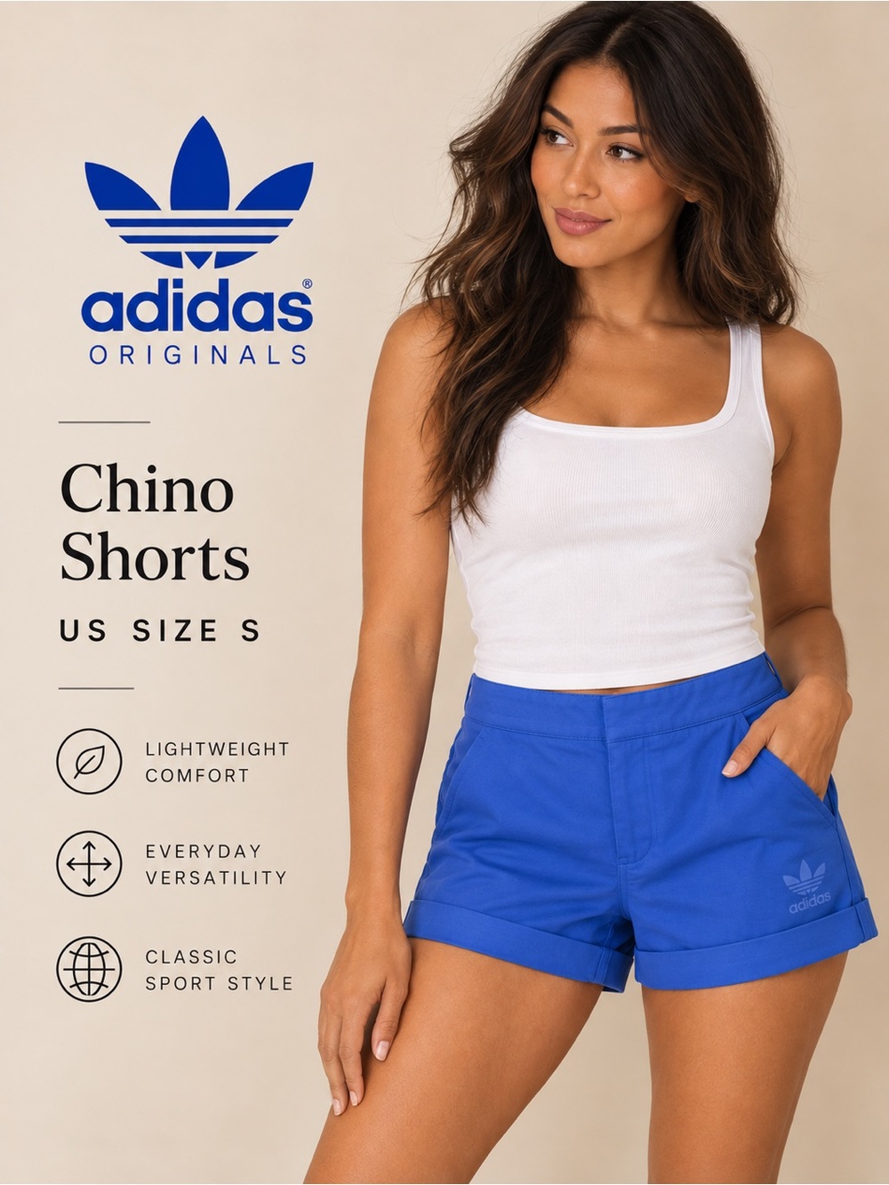 Adidas Originals Chino Shorts Blue Cuffed Trefoil Size Small